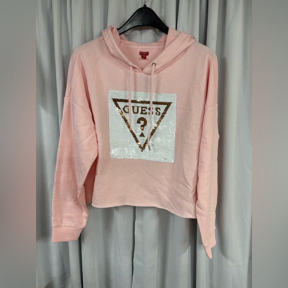 Guess Light Pink Sequin Logo Cropped Hoodie ….
